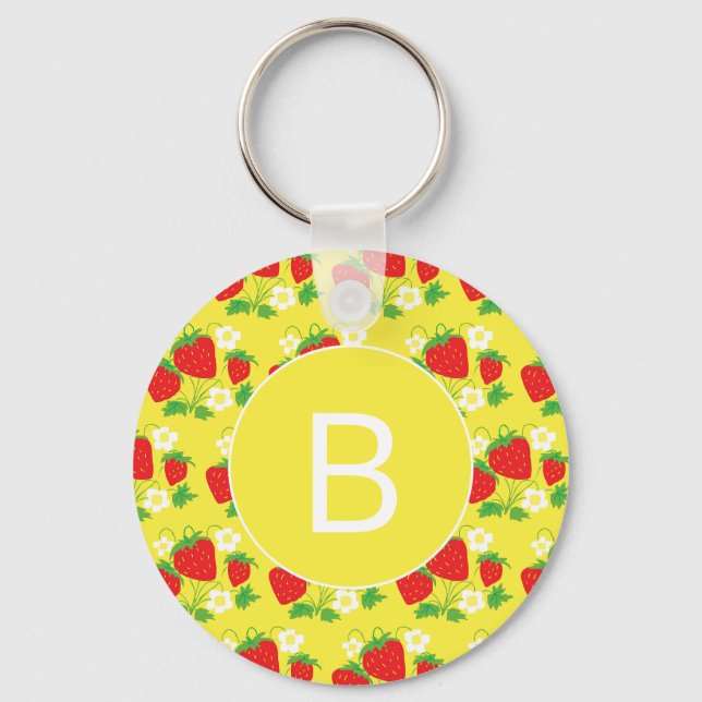 Chaveiro Padrão Amarelo de Morango e Flor Monogramado (Frente)