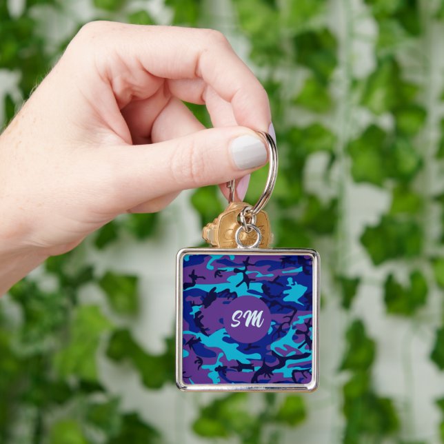 Chaveiro Padrão Azul Escuro e Roxo da Camouflage Monograma (Mão)