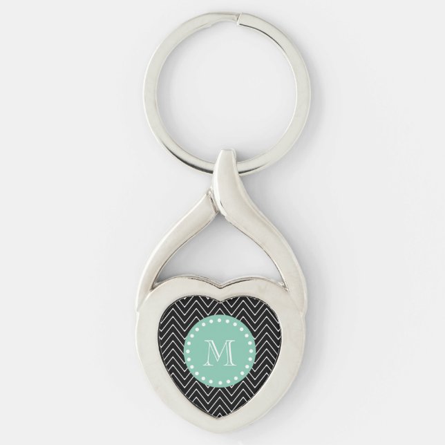 Chaveiro Padrão Chevron Preto | Monograma Verde Mint (Frente)