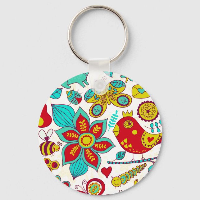 Chaveiro Padrão Colorido de Flores de Aves Retro (Frente)