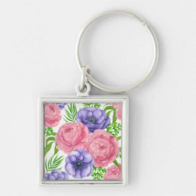 Chaveiro Padrão de aquarela com flores de peônia e anêmona (Frente)