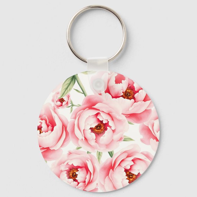 Chaveiro Padrão de aquarela de flores de peônia rosa (Frente)