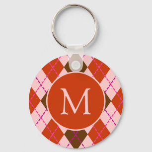 Chaveiro Padrão de Argyle Monograma Vermelho Rosa e Marrom