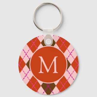 Chaveiro Padrão de Argyle Monograma Vermelho Rosa e Marrom