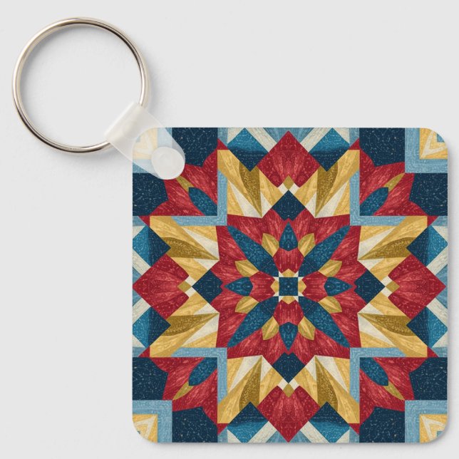Chaveiro padrão de arte de bloco de colcha geométrica vinta (Frente)