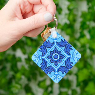 Chaveiro Padrão de Azulejo Floral Azul Vintage Mediterrâneo