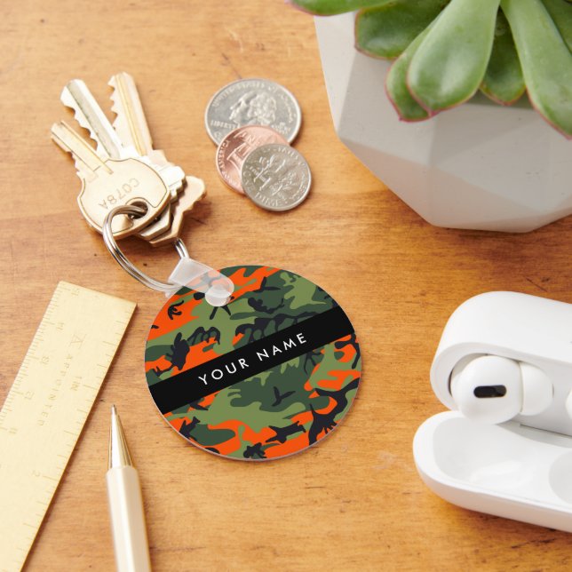Chaveiro Padrão de Camuflagem Laranja, Seu nome, Personaliz (Mesa)