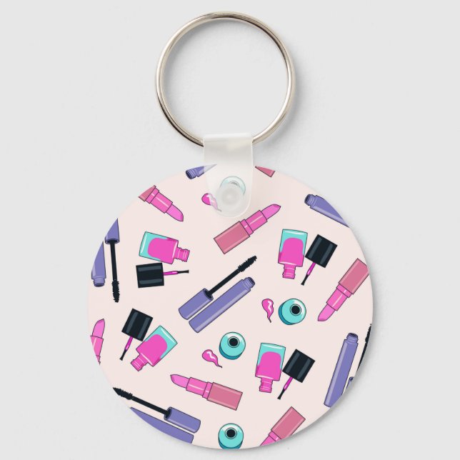 Chaveiro Padrão de cosméticos de maquiagem rosa e roxo (Frente)