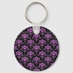 Chaveiro Padrão de damasco floral preto e fúcsia