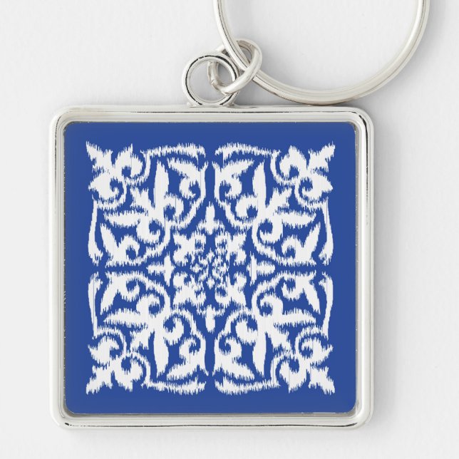 Chaveiro Padrão de damasco Ikat - azul cobalto e branco (Frente)