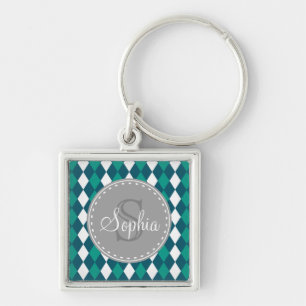 Chaveiro Padrão de Diamdons Verdes Azuis Monogramados