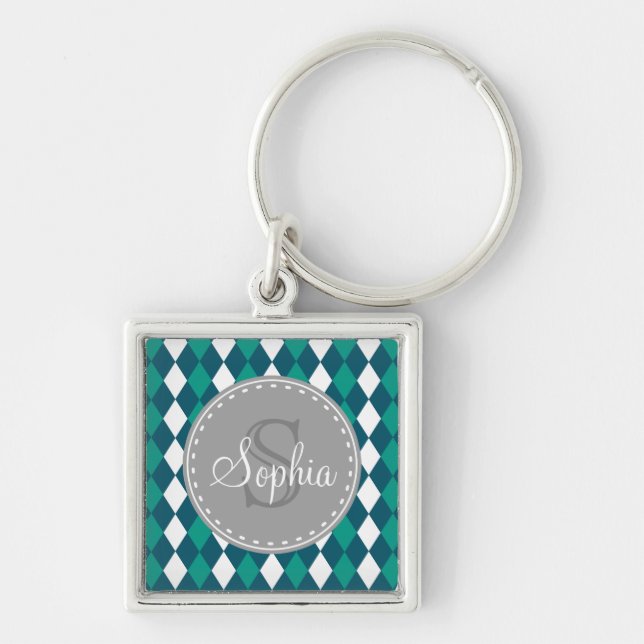 Chaveiro Padrão de Diamdons Verdes Azuis Monogramados (Frente)