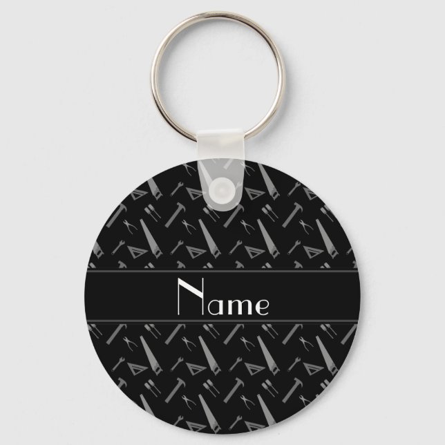 Chaveiro Padrão de ferramentas pretas de nome personalizado (Frente)