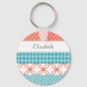 Chaveiro Padrão de Fita Girly Coral e Teal Washi com Nome