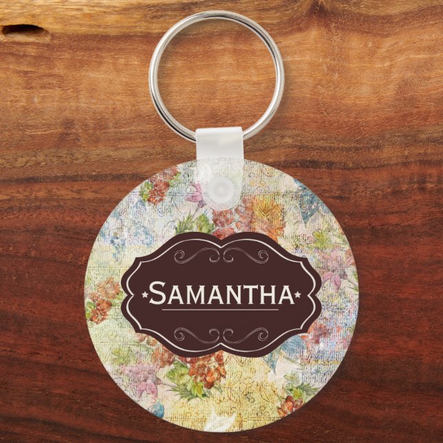 Chaveiro Padrão de Flor Distressed Vintage Personalizado (Frente)