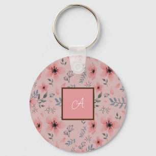Chaveiro Padrão de Flor Rosa Simples Monograma de Vintagem