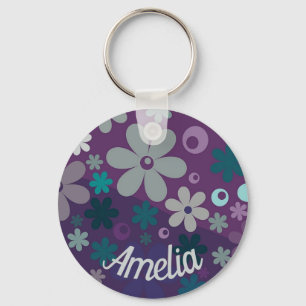 Chaveiro Padrão de Flor Roxa Personalizado Fofo