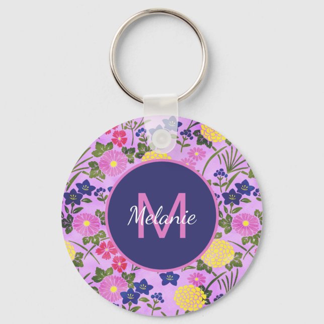 Chaveiro Padrão de Flor Vintage Roxa Personalizado (Frente)
