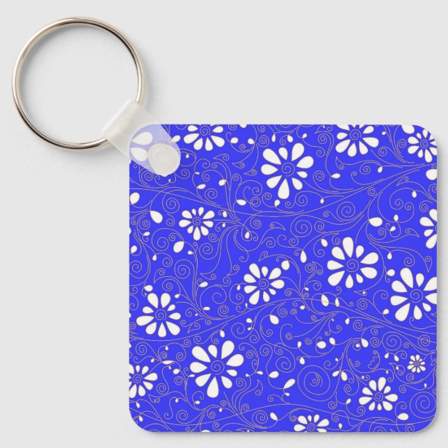 Chaveiro Padrão de flores clássicas azul branco fofo (Frente)