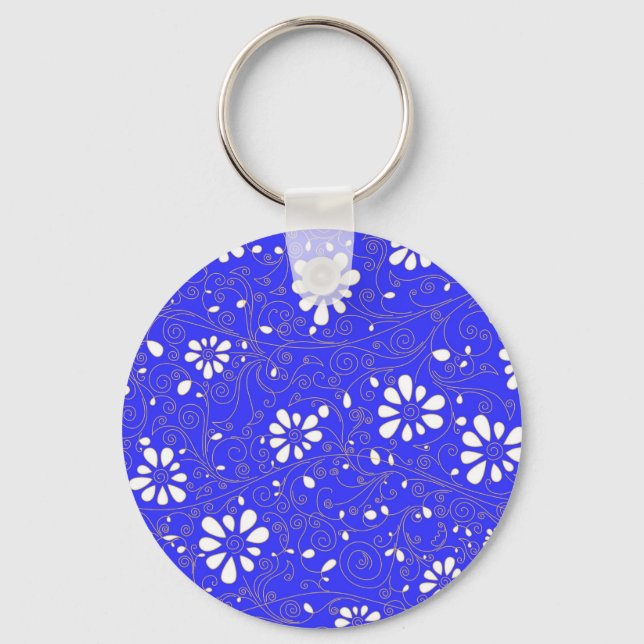 Chaveiro Padrão de flores clássicas azul branco fofo (Frente)
