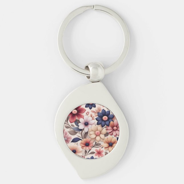 Chaveiro Padrão de flores e folhas cor-de-rosa ousado (Frente)