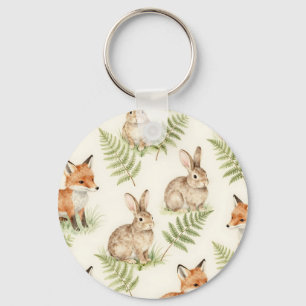 Chaveiro Padrão de Floresta de Raposa e Coelho em Aquarela