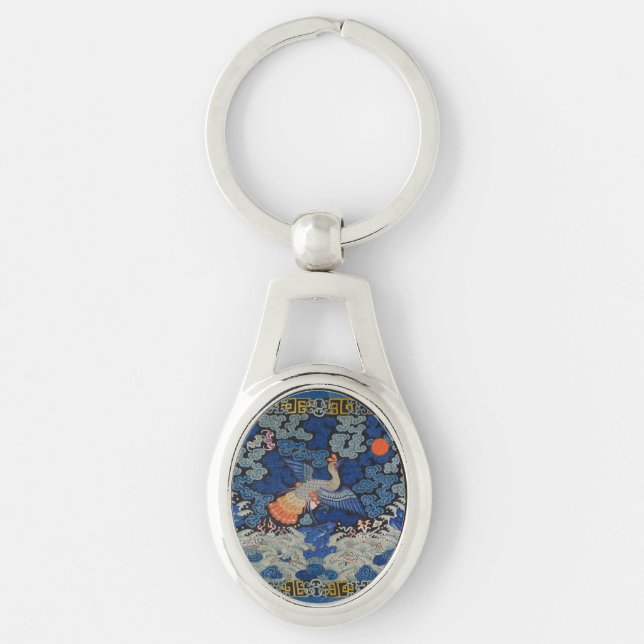 Chaveiro Padrão de Grou Chinês Vintage: Azul Imperial (Frente)
