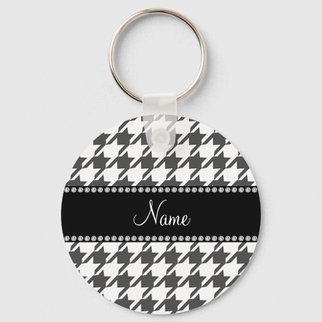 Chaveiro Padrão de houndstooth branco de nome personalizado (Frente)