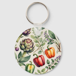 Chaveiro Padrão de Jardim de Legumes em Aquarela