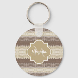 Chaveiro Padrão de Knit Castanho e Tan Neutro com Nome