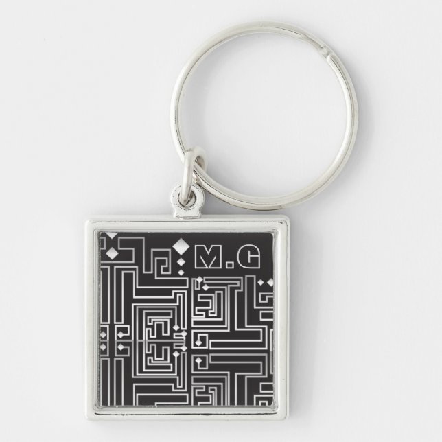 Chaveiro Padrão de Labirinto Preto e Branco Monogramado (Frente)