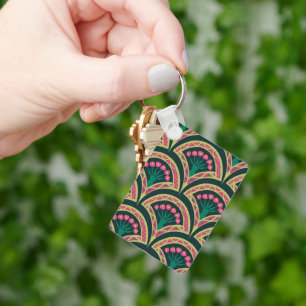 Chaveiro Padrão de leque floral rosa e verde