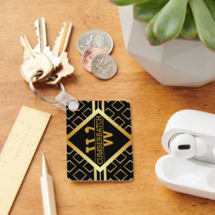 Chaveiro Padrão de MONOGRAMA Geométrico em Preto e Dourado