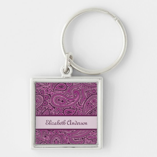 Chaveiro Padrão De Paisley Floral Roxo Elegante Com Nome (Frente)