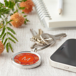 Chaveiro Padrão de Paisley Laranja Ornamentado com Monogram