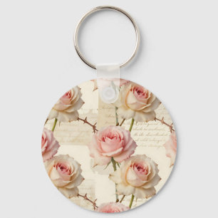 Chaveiro Padrão de Rosa Rosa Pálido Vintage em Letra Cursiv