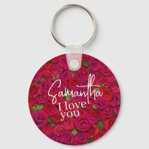 Chaveiro Padrão de Rosa Vermelha Intensa Eu Te Amo Com Nome
