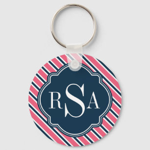Chaveiro Padrão de Stripe Branca Azul-Rosa Monograma