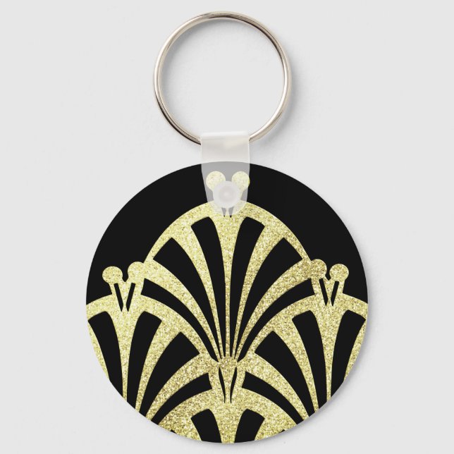 Chaveiro Padrão de ventoinha Art deco ouro preto elegância (Frente)