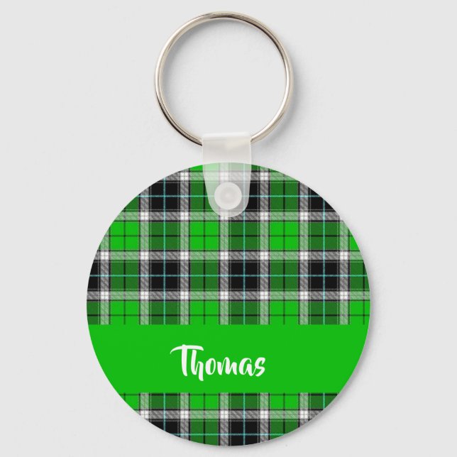 Chaveiro Padrão de xadrez verde de nome personalizado (Frente)