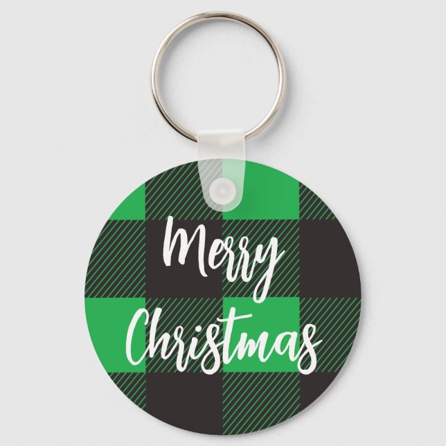 Chaveiro Padrão de Xadrez Verde Feliz Natal (Frente)