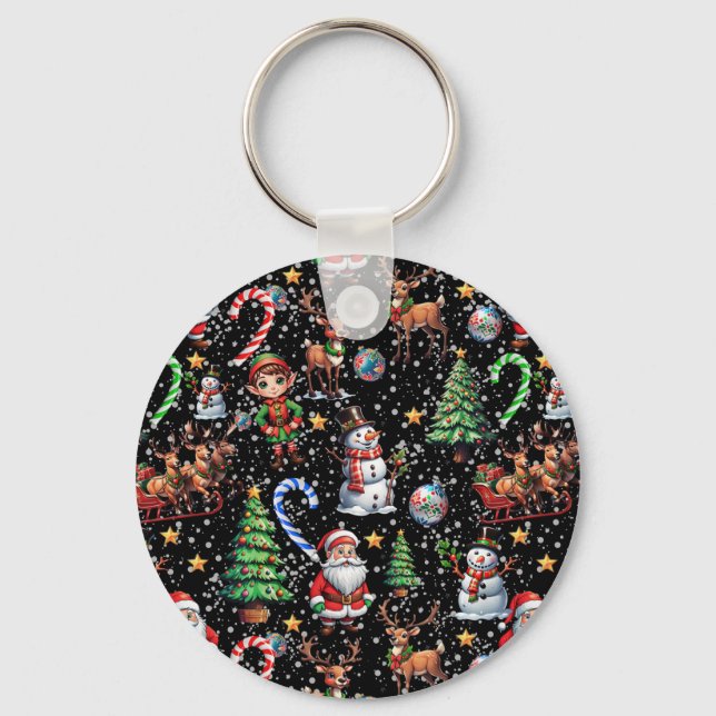Chaveiro Padrão Decorativo de Natal com Fundo Preto (Frente)