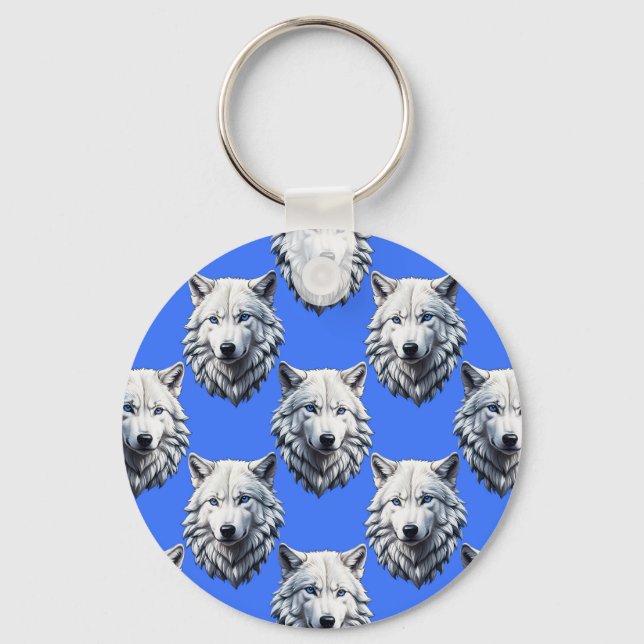 Chaveiro Padrão Design Azul da Cabeça do Lobo Branco (Frente)