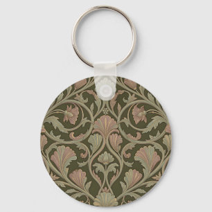 Chaveiro Padrão Floral Art Nouveau Verde Escuro Rosa Vintag