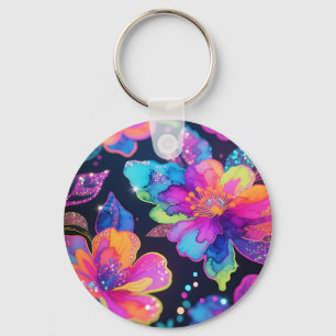 Chaveiro Padrão Floral Brilho Neon