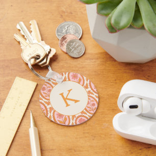 Chaveiro Padrão Floral Cameo Vintage em Rosa e Laranja