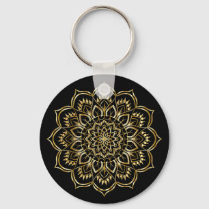 Chaveiro Padrão Floral de Mandala Preto e Dourado Elegante