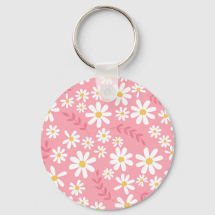 Chaveiro Padrão Floral de Margaridas Rosa e Branco Fofo e S