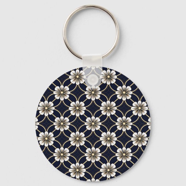 Chaveiro Padrão Floral Japonês de Texto Personalizado (Frente)