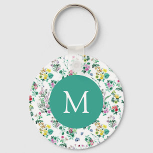 Chaveiro Padrão Floral Leve Monograma Azul Turquesa